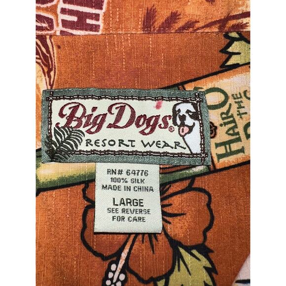 Big Dogs Shirt Size L Orange Floral Hawaiian It's 5 O'clock Somewhere 100% Silk - Picture 6 of 16
